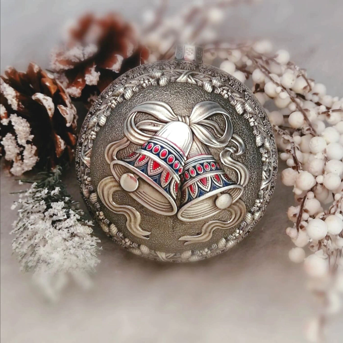 Set of 4 silver Christmas balls "Bells, Bullfinches, Snowflakes and Nostalgia"